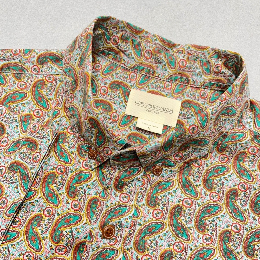 Obey Propaganda Mens Medium Paisley Short Sleeve Button Down Shirt Multicolor